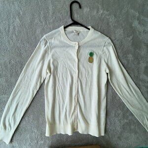 J Crew The Caryn Cardigan Sweater Ivory with Embroidered Pineapple Size Medium